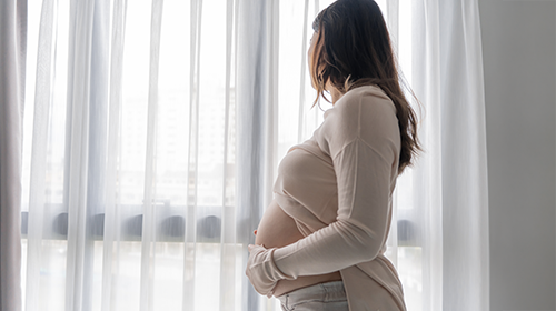Mujer embarazada mirando por la ventana