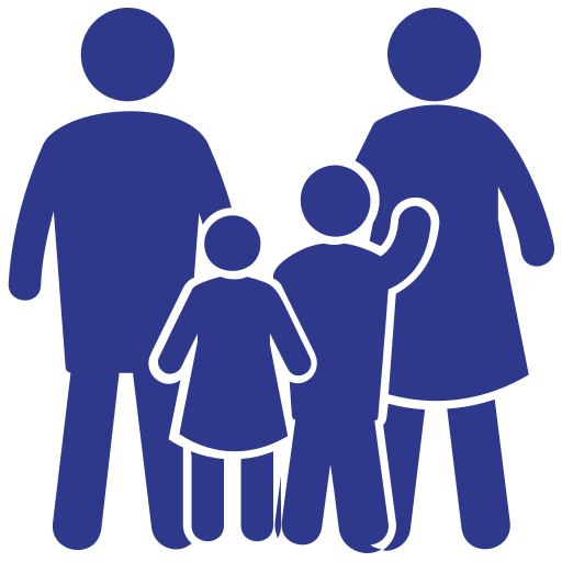 Ícono de silueta azul de una familia unida con dos hijos y padres sobre un fondo blanco.