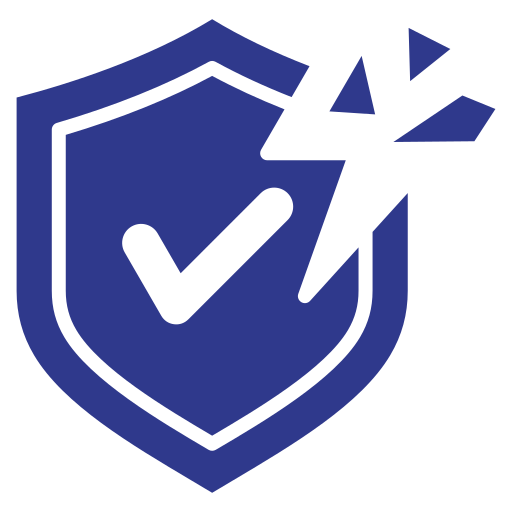 Escudo azul con símbolo de verificación y rayo de energía, representando protección eléctrica y seguridad.